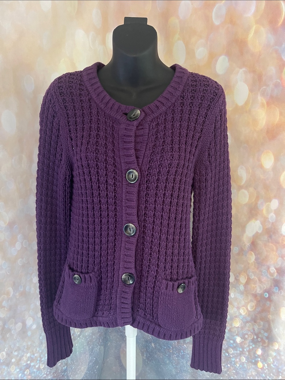 Eddie Bauer Deep Purple Waffle-Knit Button Front Cardigan Size: Small